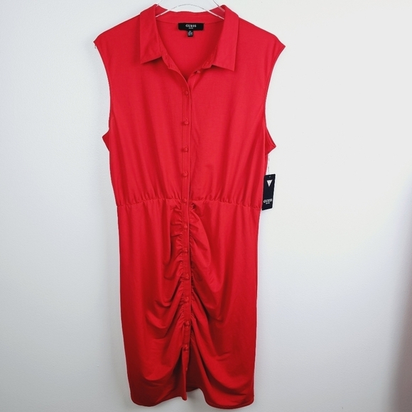 Guess Button Up T-Shirt Sleeveless Dress NWT Dark Coral - Picture 2 of 10